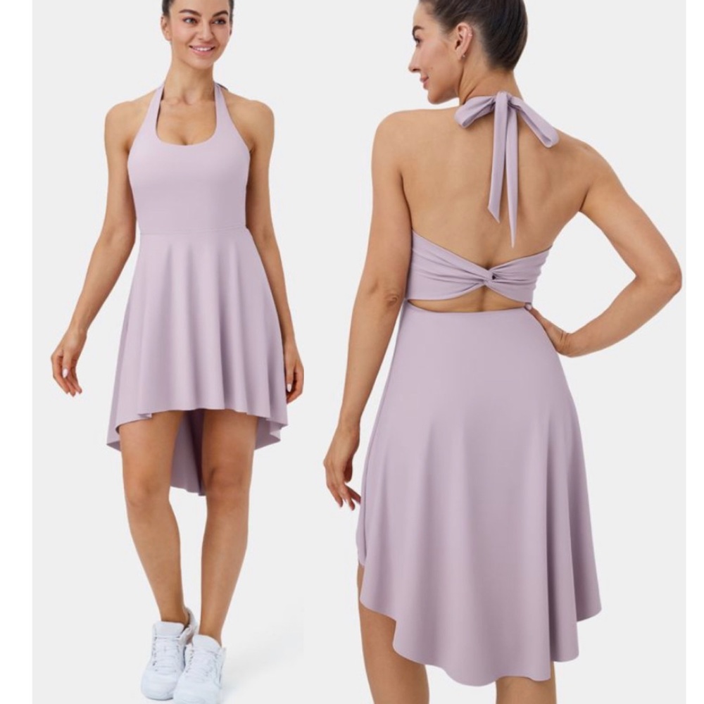 HALARA Lavender Halter Lace Up Backless Side Pocket High Low Athletic Dress